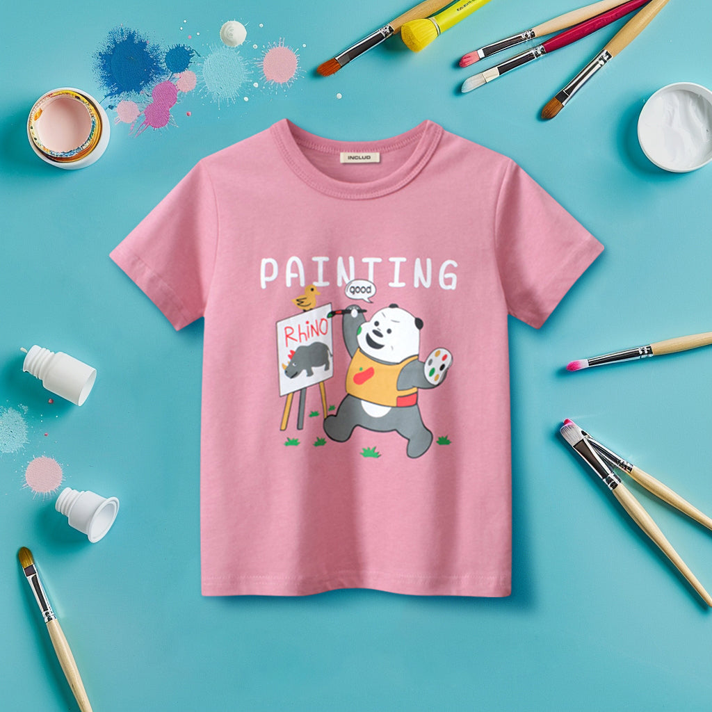 Girls Panda Print Short Sleeves T-shirt Tshirts Pink 1-2 Y 