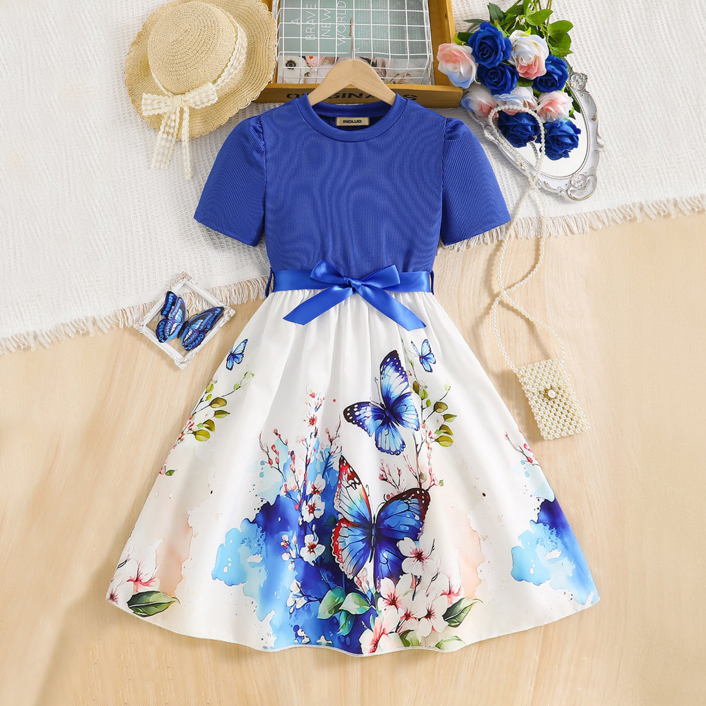 Girls Indigo Blue Butterfly Printed Short Sleeves Fit And Flared Midi Dress Casual Dresses Blue 3-4 Y