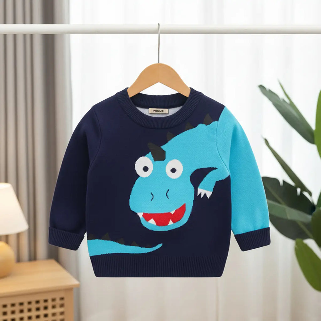 Boys Navy Blue Self-Design Long TAil Dinosaur Pattern Knitted Sweater Sweaters & Cardigans Navy Blue 1-2 Y