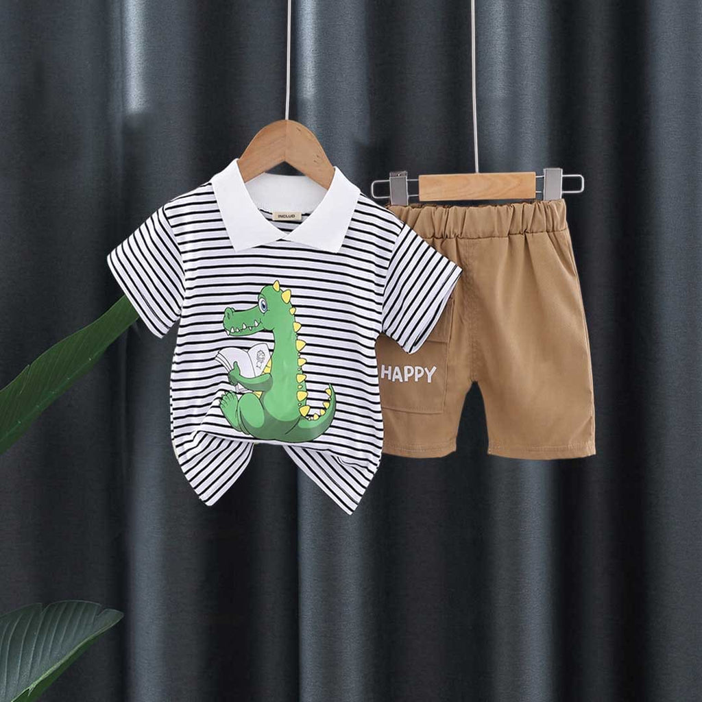 Boys Dinosaur Printed Striped Polo T-shirt with Shorts Set Sets Khaki 1-2 Y 