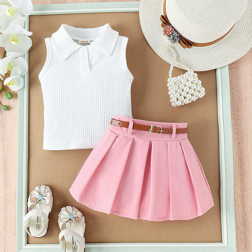Girls Knitted Polo Top With Pleated Skirt & Belt Set Sets