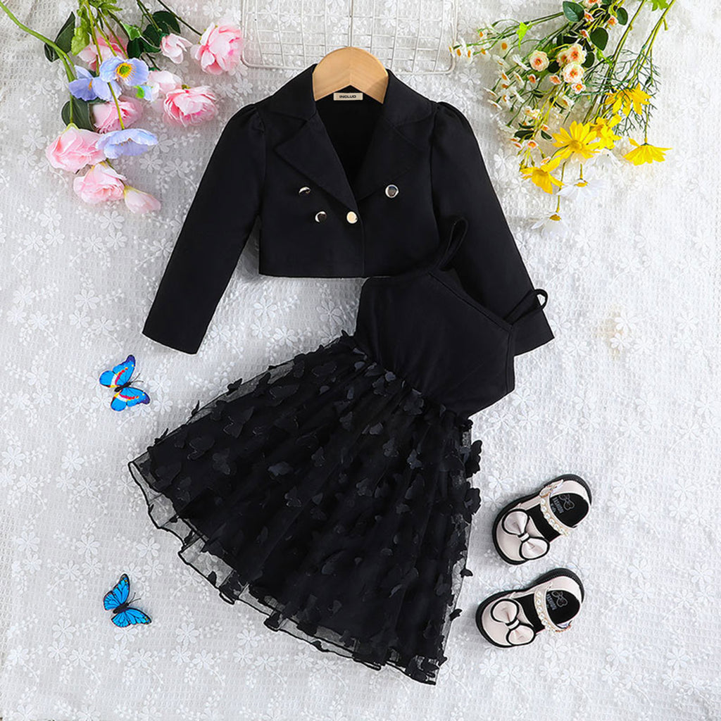 Girls Black Solid Blazer Shrug With Butterfly Applique Tulle Overlay Fit And Flared Dress Casual Dresses Black 1-2 Y