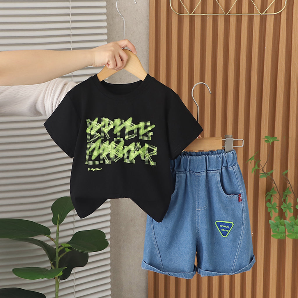 Boys Black Abstract Printed Short Sleeves T-Shirt With Denim Shorts Set 2 pc. Sets Black 1-2 Y