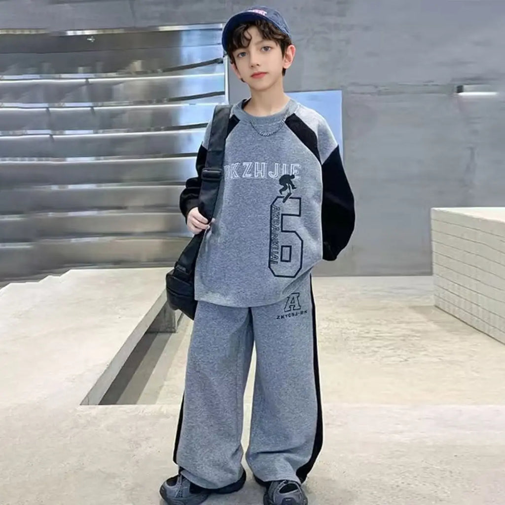 Boys Grey Alphanumeric Printed Oversized t-Shirt With Pants Set Sets Grey 5-6 Y