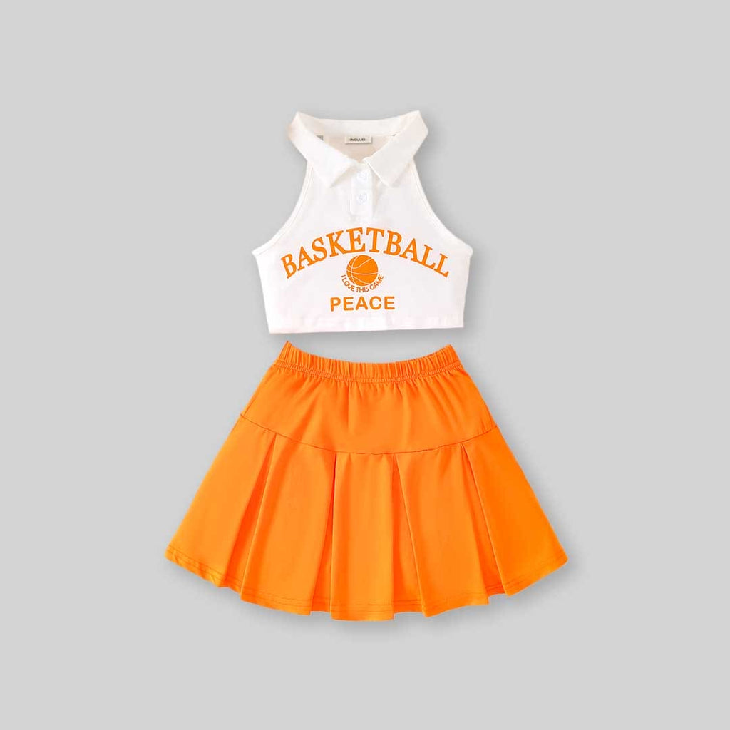 Girls Graphic Halter Top With Pleated Skirt Set 2 pc. Sets Orange 8-9 Y 
