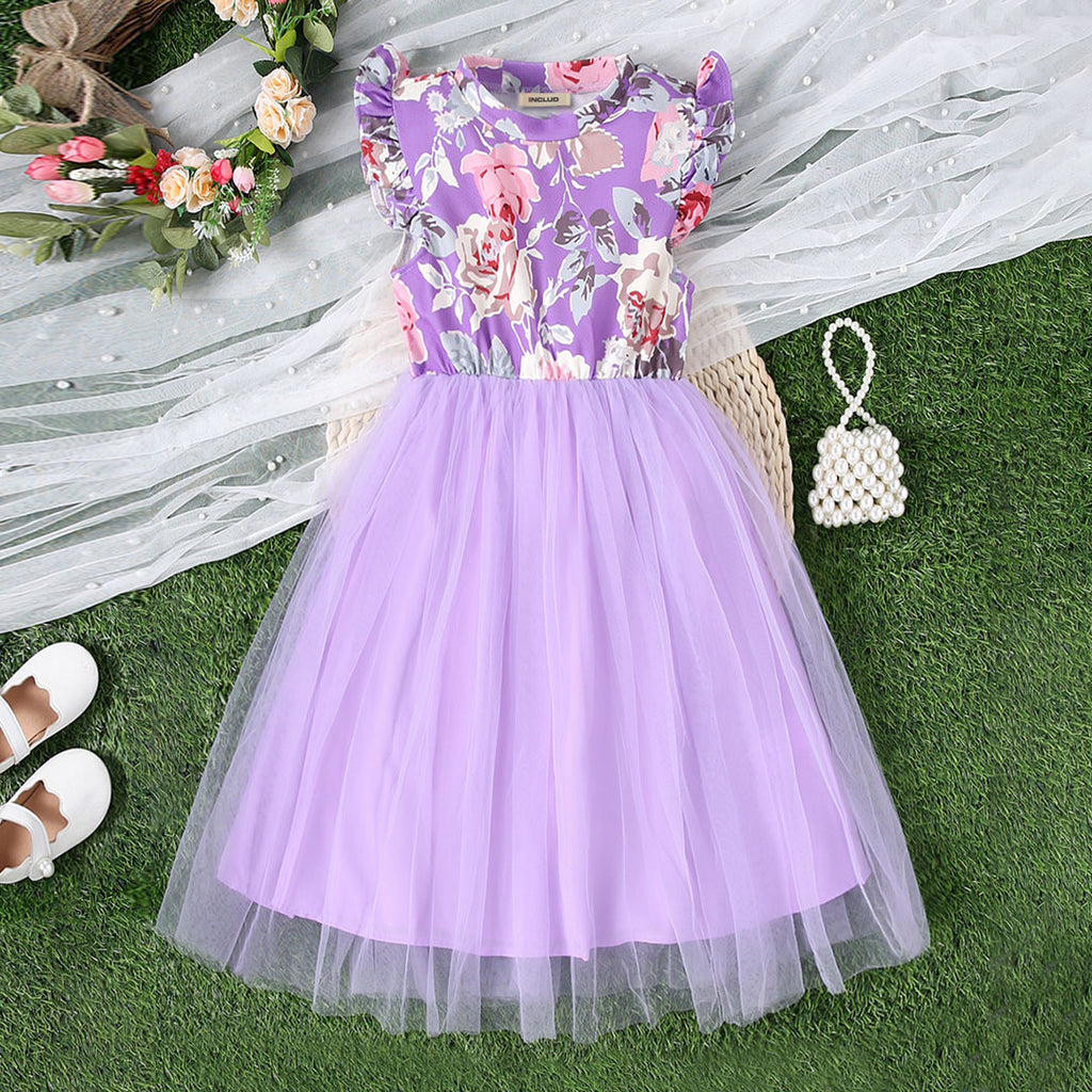 Girls Purple Floral Print Fit & Flare Dress Casual Dresses Purple 12-13 Y