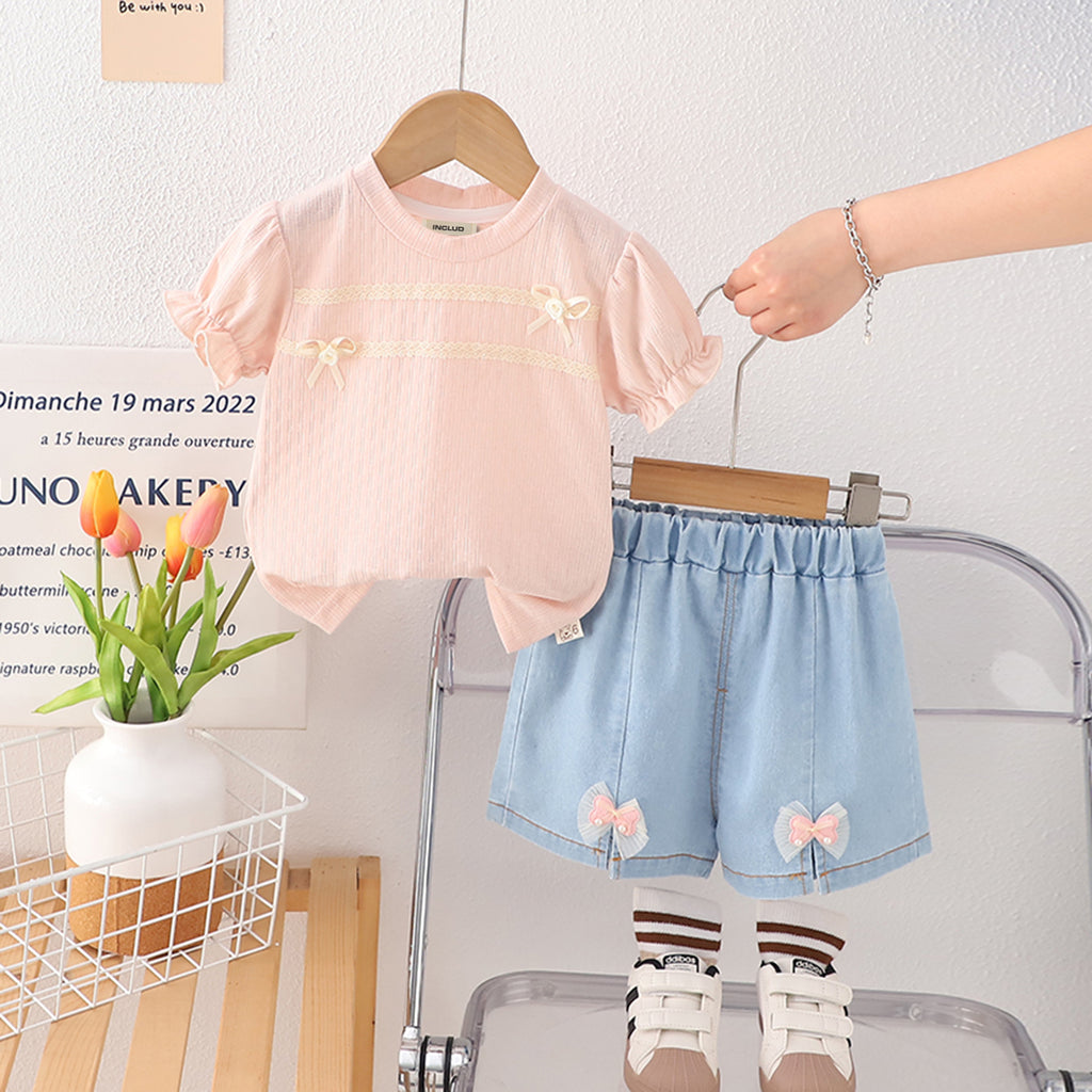Girls Pink Bow Appliqued Puff Sleeves Top With Denim Shorts Set 2 pc. Sets Pink 1-2 Y