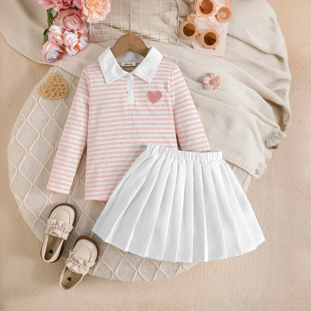 Girls Pink Stripes Heart Embroidered Top With Pleated Skirt Sets Sets Pink 3-4 Y