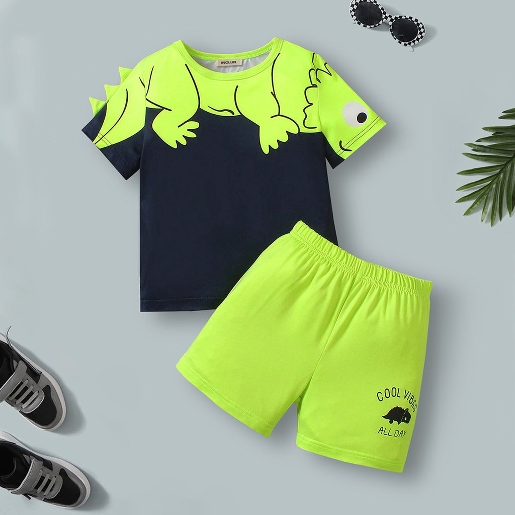 Boys Green Dinosaur Printed T-Shirt With Short Set 2 pc. Sets Green 3-4 Y