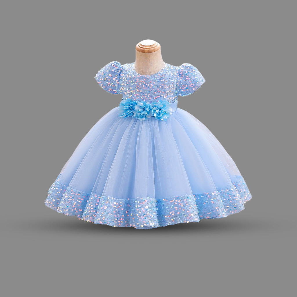 Girls Puff Sleeve Sequins Embellished Fit & Flare Dress Party Dresses Sky Blue 1-2 Y 