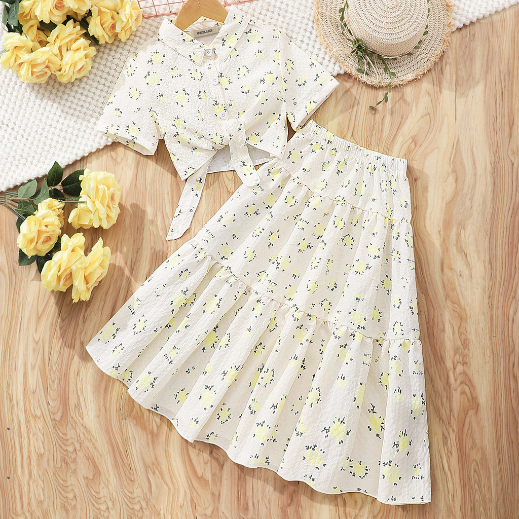 Girls Apricot Floral Printed Short Sleeves Top With Tiered Skirt Set 2 pc. Sets Apricot 7-8 Y