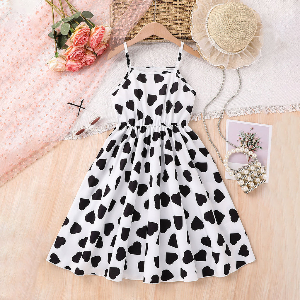 Girls White Heart Printed Summer Midi Sundress Casual Dresses White 3-4 Y