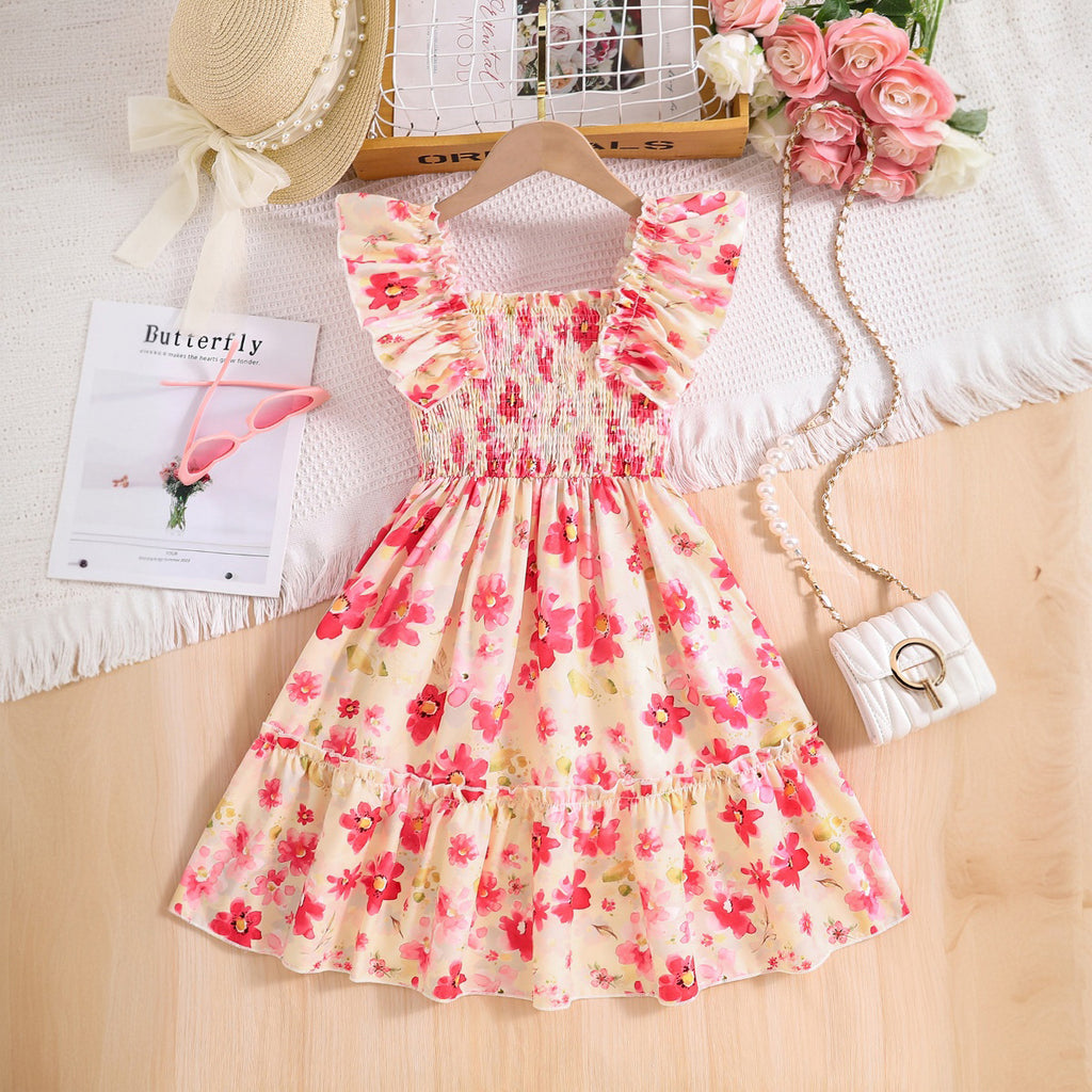Girls Apricot Floral Printed Sleeveless Smocked Fit And Flared Casual Dress Casual Dresses Apricot 3-4 Y