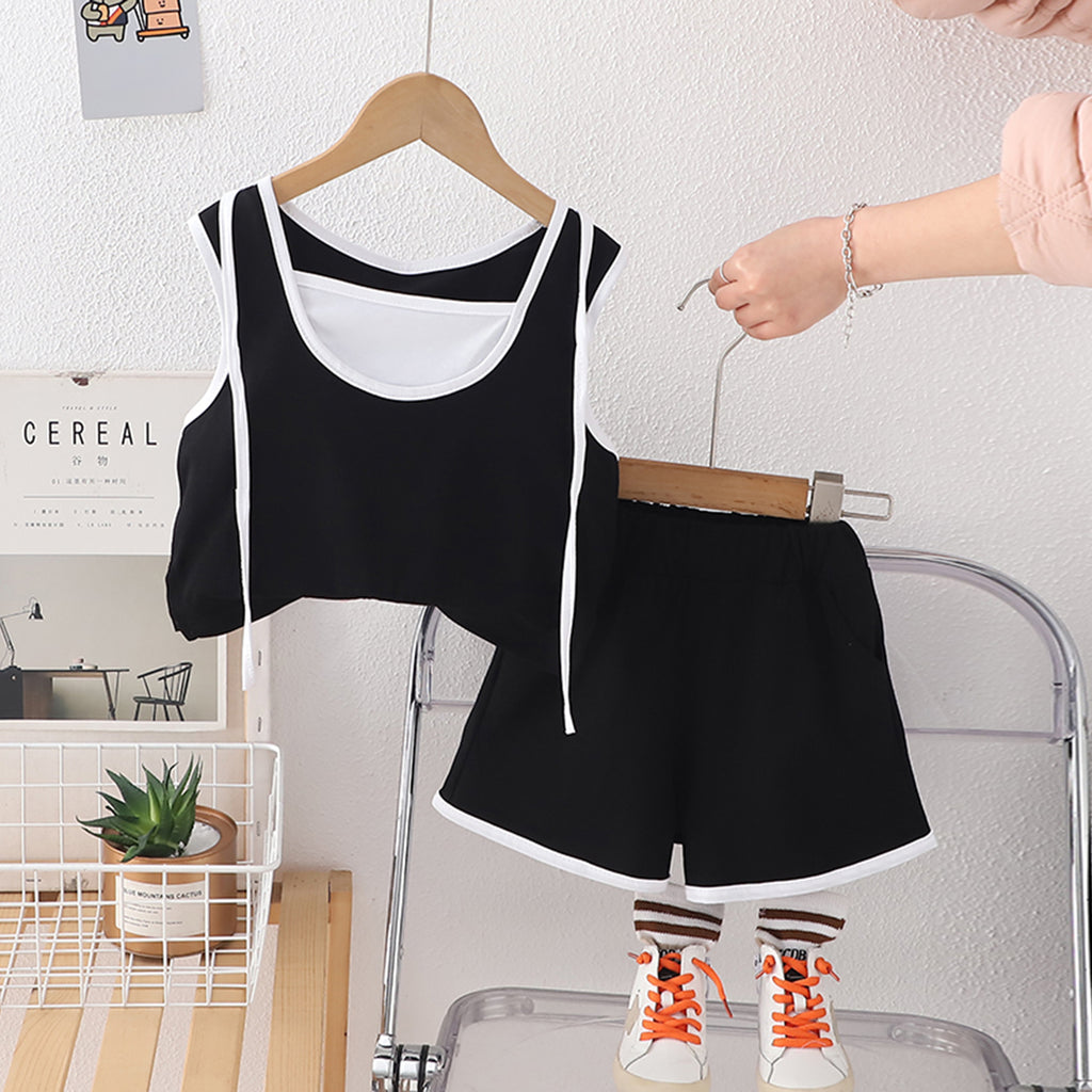 Girls Black Sleeveless Hooded Top With Shorts Set 2 pc. Sets