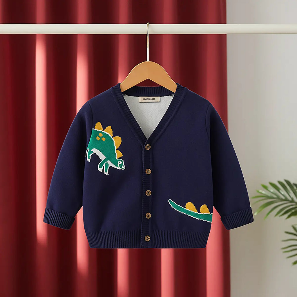 Boys Navy Blue Self-Design Dinosaur Pattern Button Down Cardigan Sweaters & Cardigans Navy Blue 1-2 Y