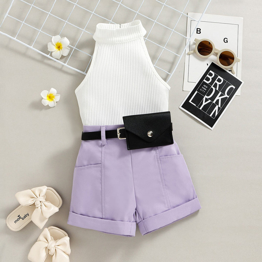 Girls Halter Neck Top With Shorts & Belt 3 pc. Sets Purple 1-2 Y 
