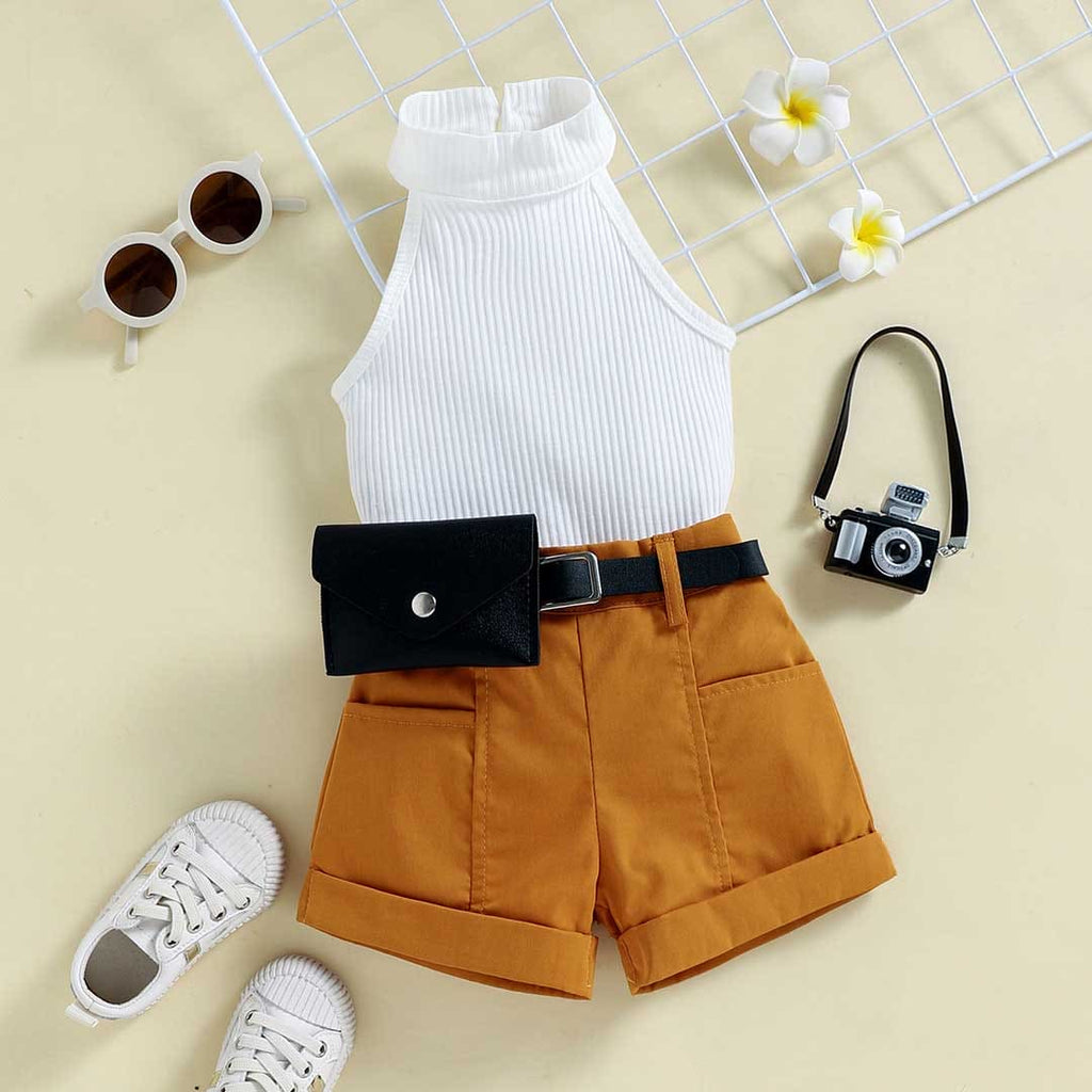 Girls Halter Neck Top With Bottom Fold Shorts Set 2 pc. Sets Yellow 7-8 Y 