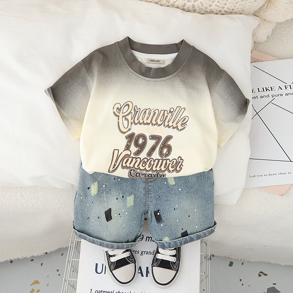 Boys Dark Grey Ombre Printed T-Shirt With Denim Shorts Set 2 pc. Sets Dark Grey 1-2 Y