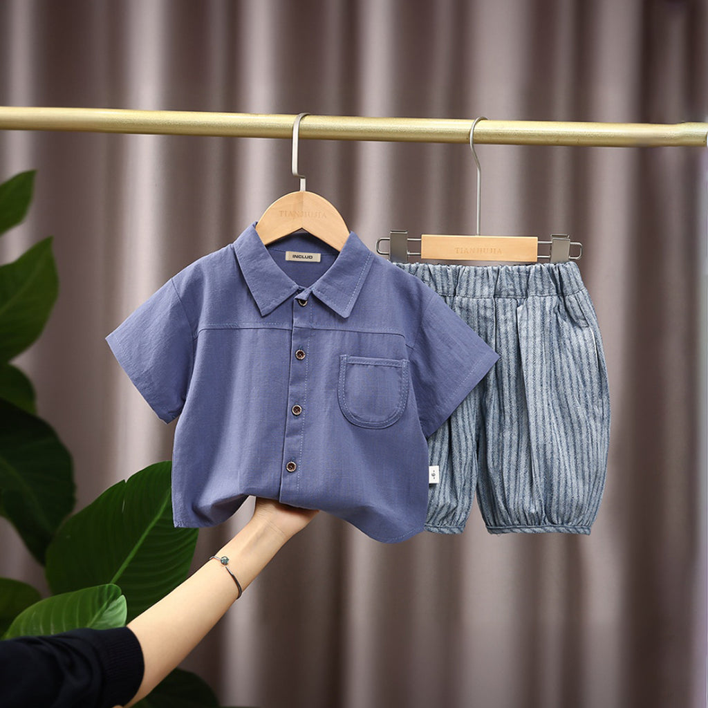 Boys Blue Short Sleeve Shirt With Elasticated Bermudas Set 2 pc. Sets Blue 1-2 Y