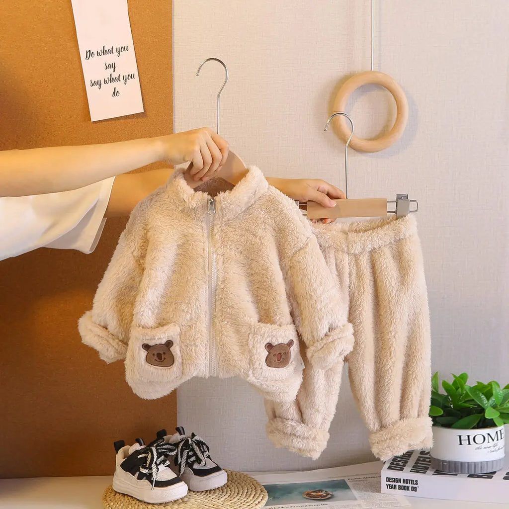 Boys Beige Fleece Zip-up Jacket With Jogger Co-ord Sets Sets Beige 1-2 Y