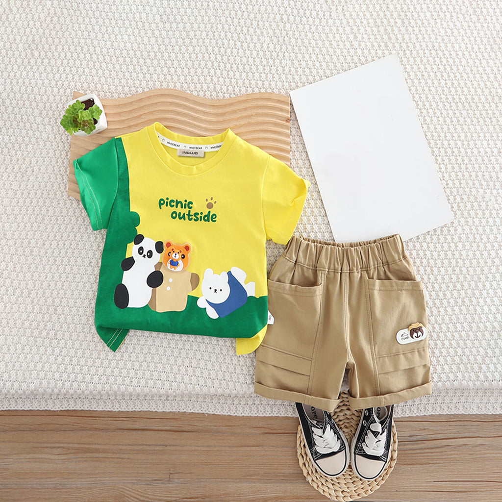 Boys Yellow Teddy Printed Short Sleeves T-Shirt With Shorts Set 2 pc. Sets Yellow 1-2 Y