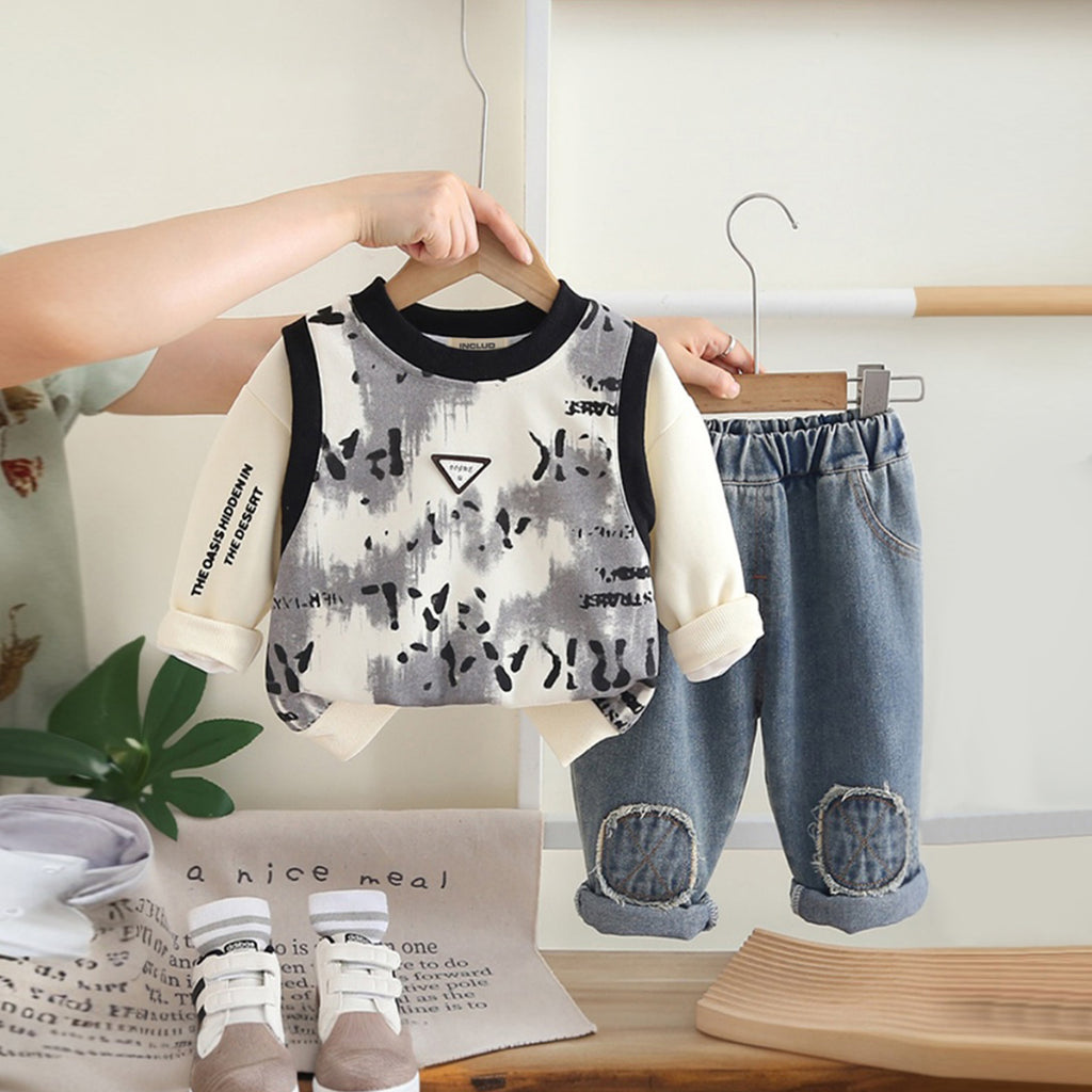 Boys Black Abstract Printed Sweatshirt With Denim Trousers Sets 2 pc. Sets Black 1-2 Y