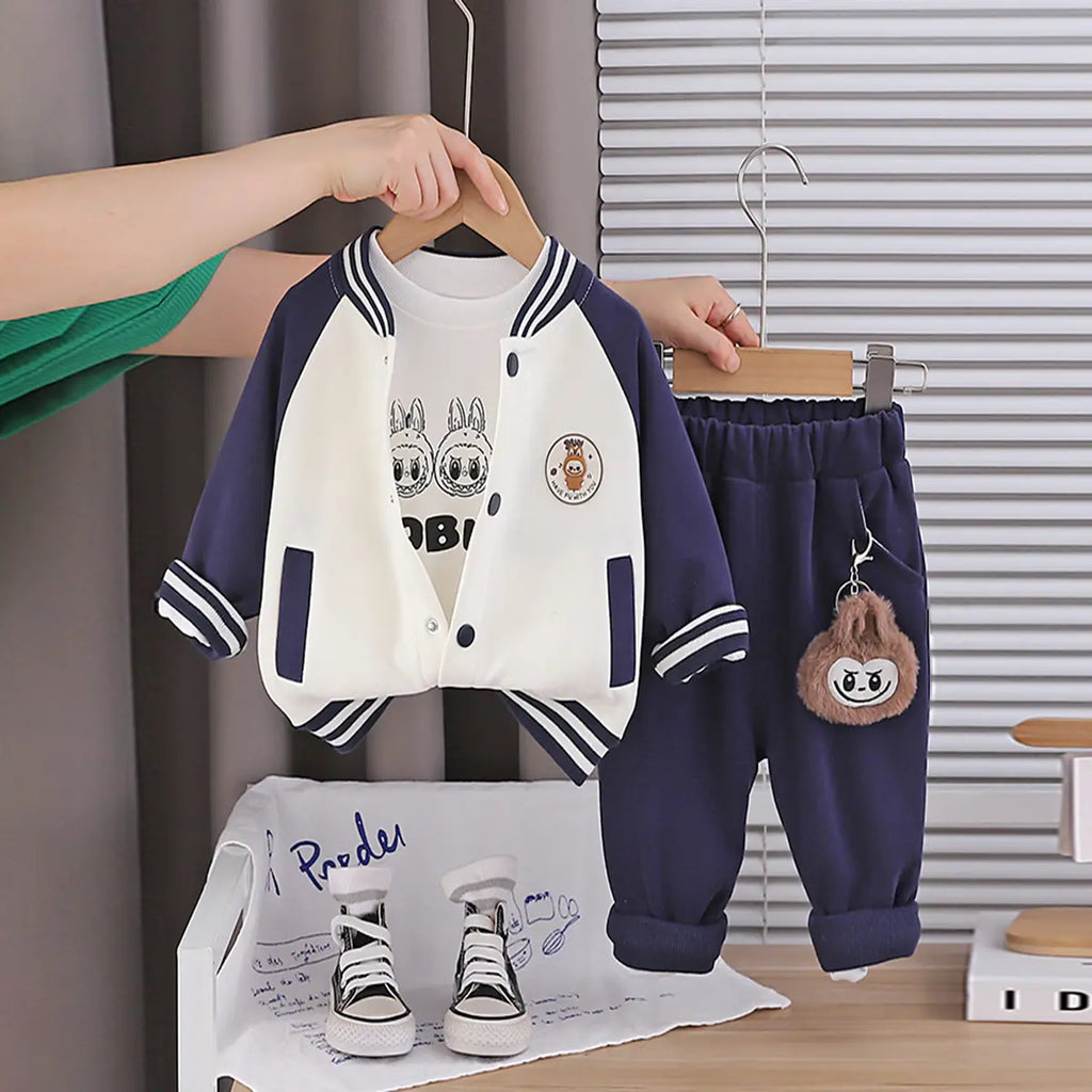 Boys Navy Blue Graphics Printed Varsity Jacket With T-Shirt & Jogger Sets Sets Navy Blue 1-2 Y