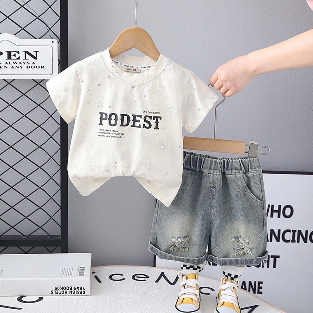 Boys White Star Print Short Sleeve T-Shirt With Denim Shorts Set 2 pc. Sets White 1-2 Y