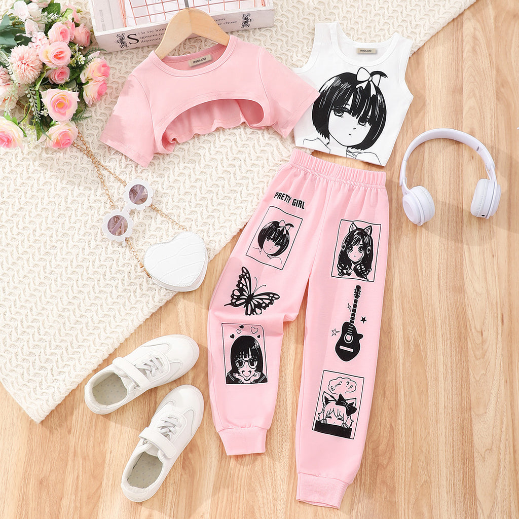 Girls Pink Printed Crop Top with Joggers and Tank Top Set Sets Pink 2-3 Y