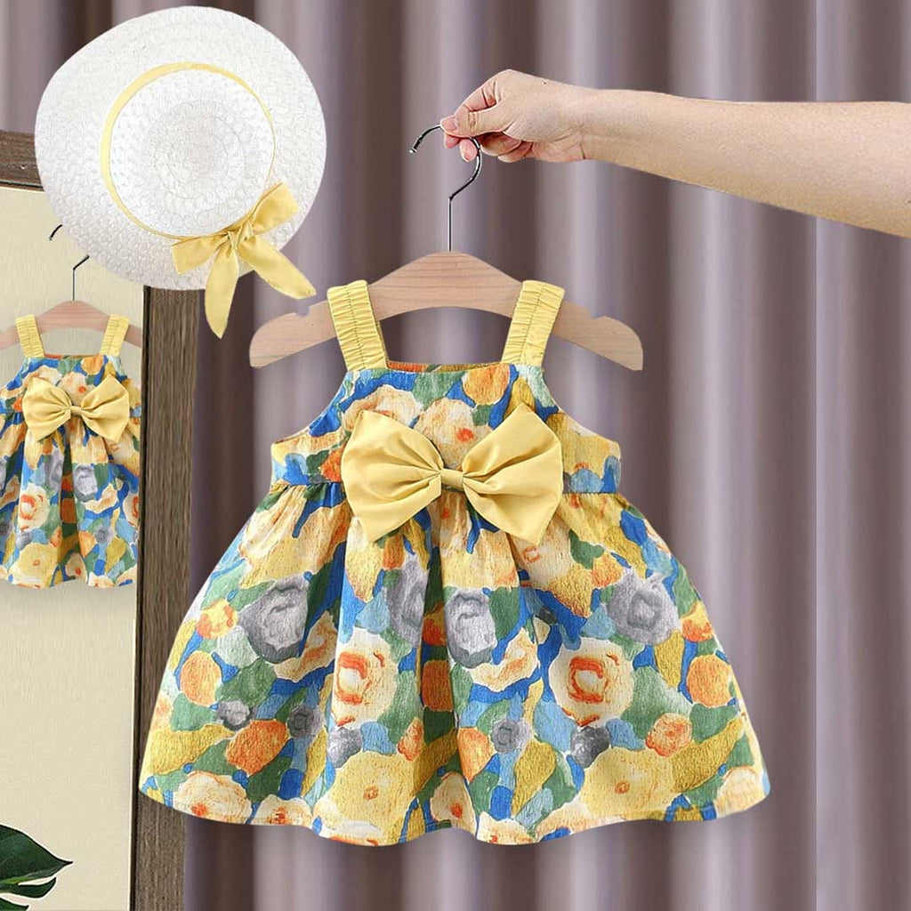 Girls Sleeveless Floral Printed Dress With Bow Casual Dresses Yellow 1-2 Y 