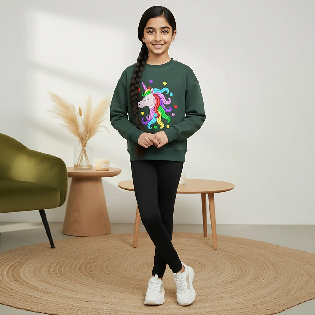 Girls Green unicorn Heart Graphics Round Neck Sweatshirt Sweatshirts & Hoodies Green 1-2 Y