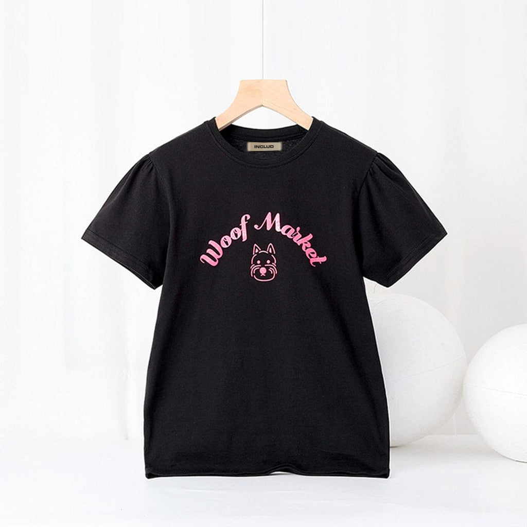 Girls Printed Short Sleeves Casual T-Shirt Tshirts Black 6-7 Y 