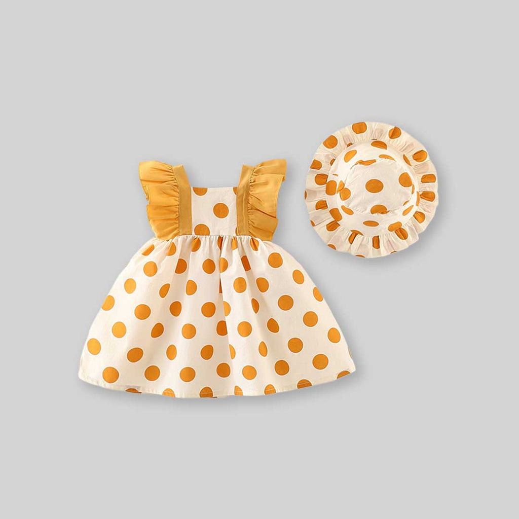 Girls Polka Dot Print Flutter Sleeves Dress Casual Dresses Yellow 1-2 Y 