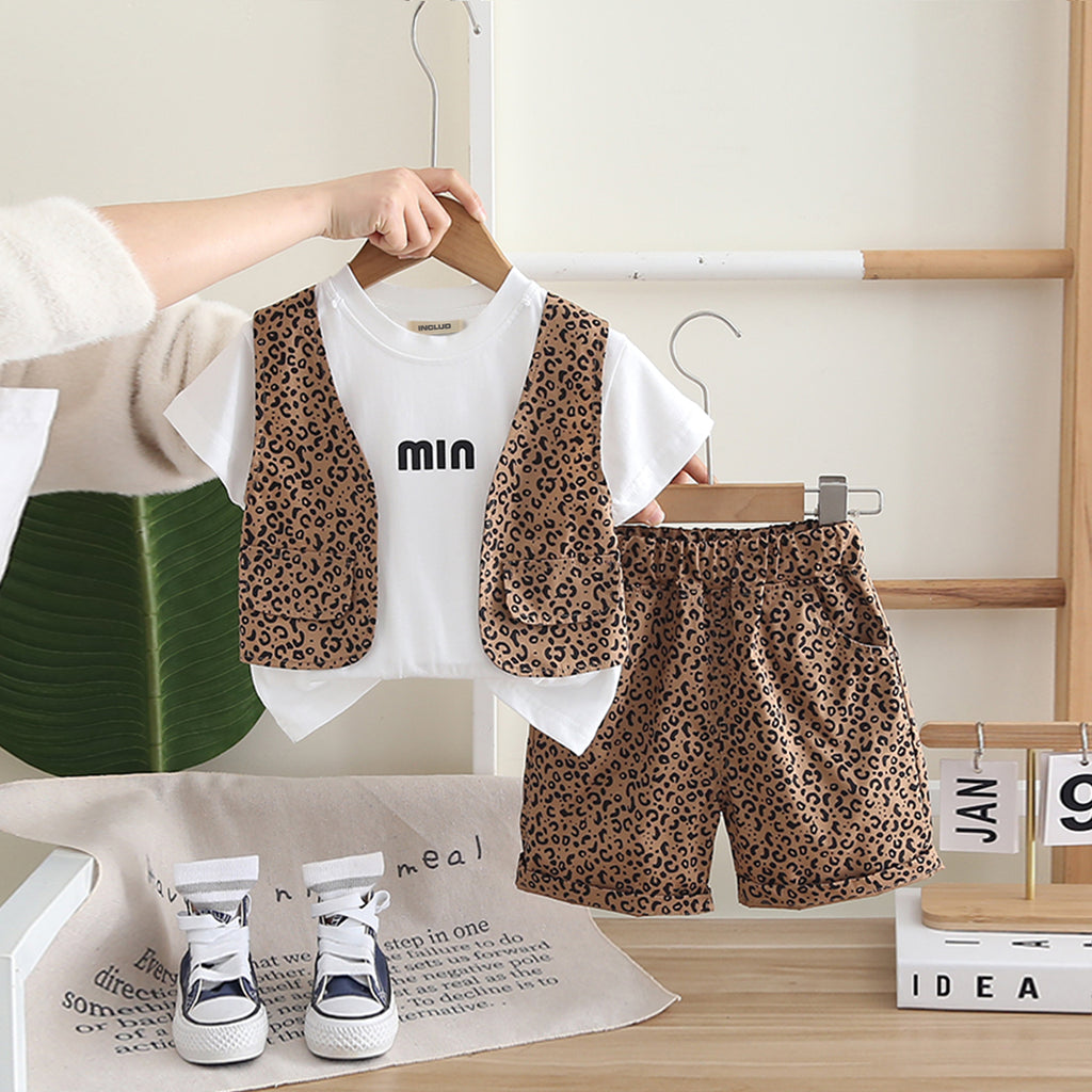 Boys Attached Waistcoat T-Shirt With Brown Animal Printed Shorts Set 2 pc. Sets Brown 1-2 Y