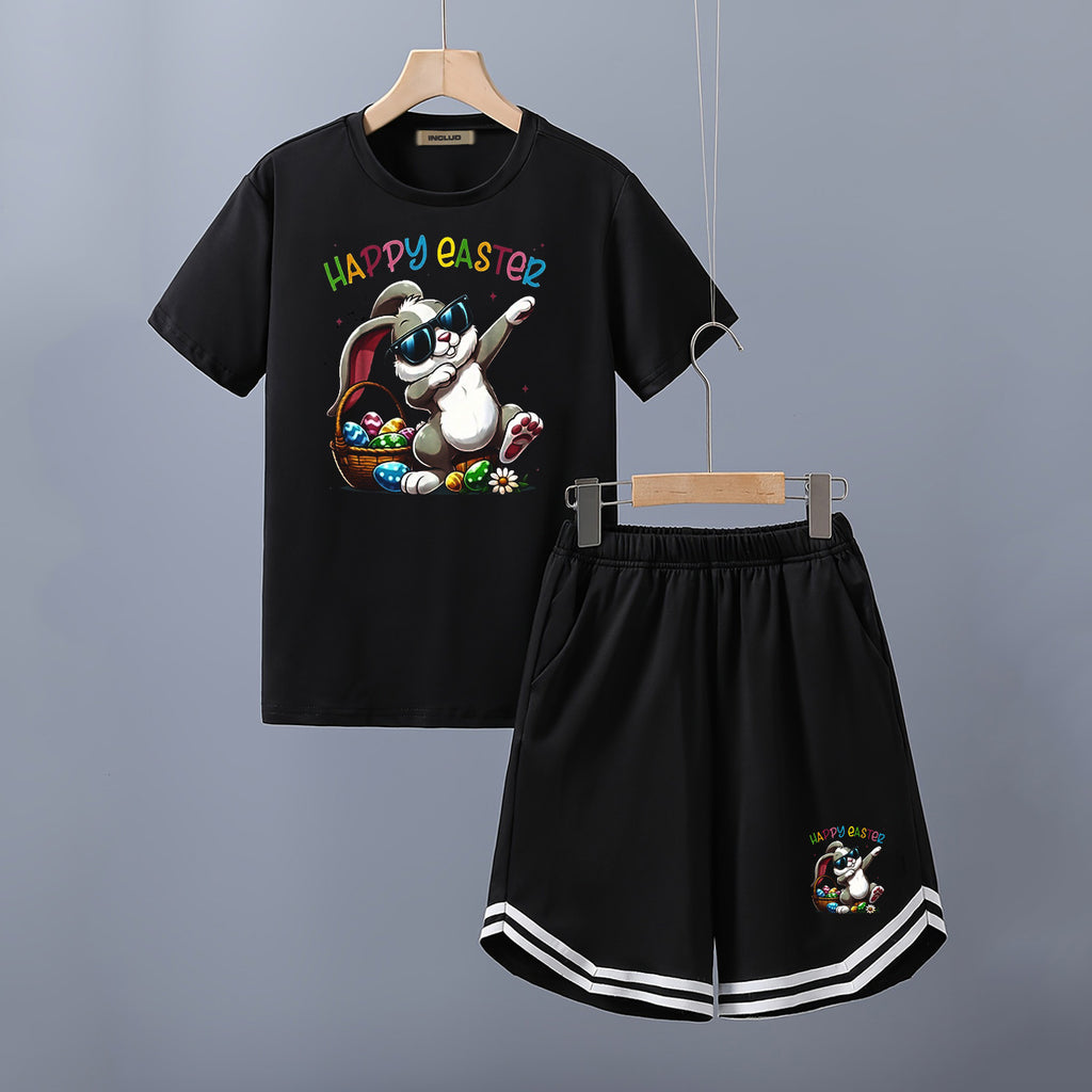Boys Black Happy Easter Graphic Short Sleeve T-Shirt With Shorts Set 2 pc. Sets Black 5-6 Y