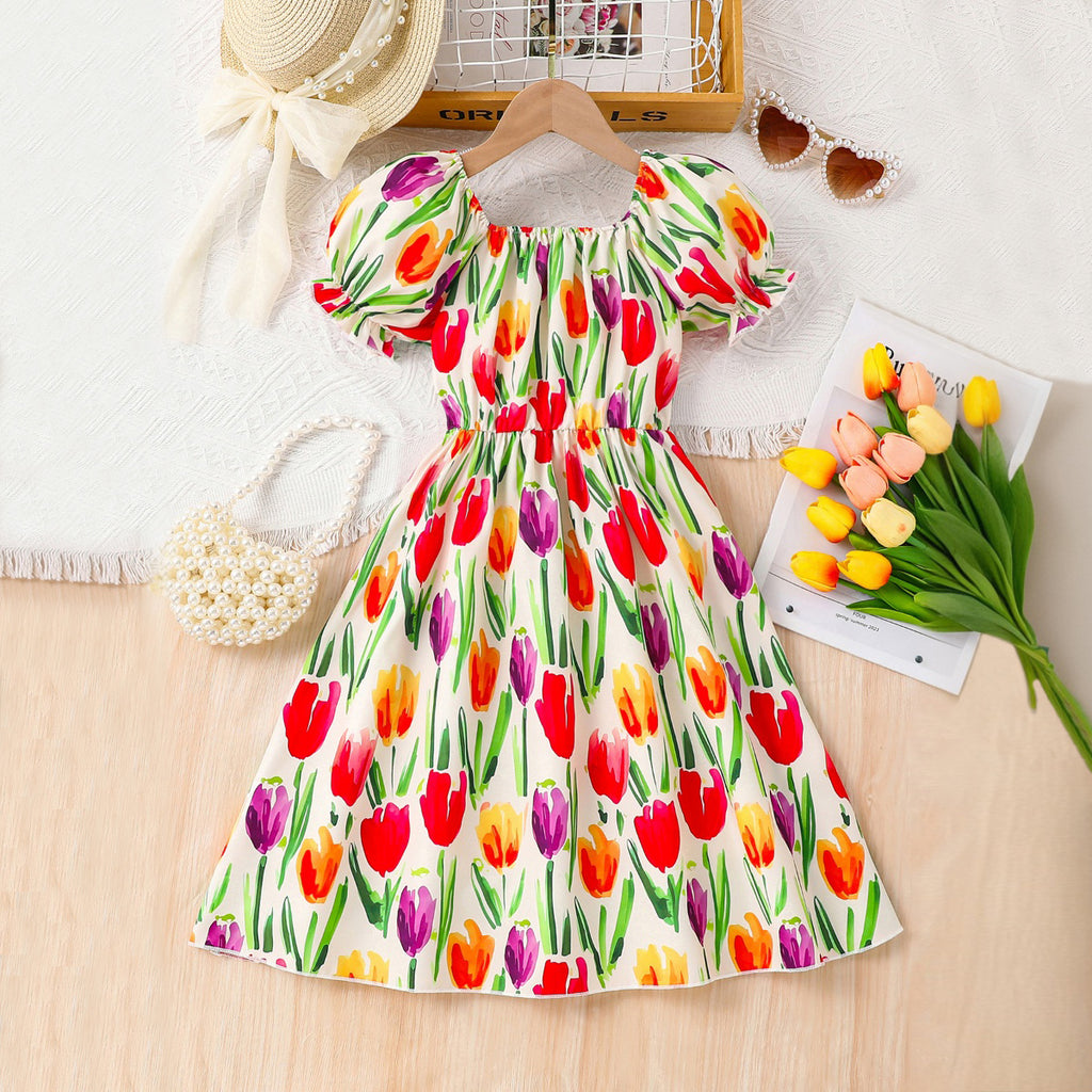 Girls Multi Colored Tulip Floral Printed Scoop Neck Fit & Flare Dress Casual Dresses Multicolor 3-4 Y