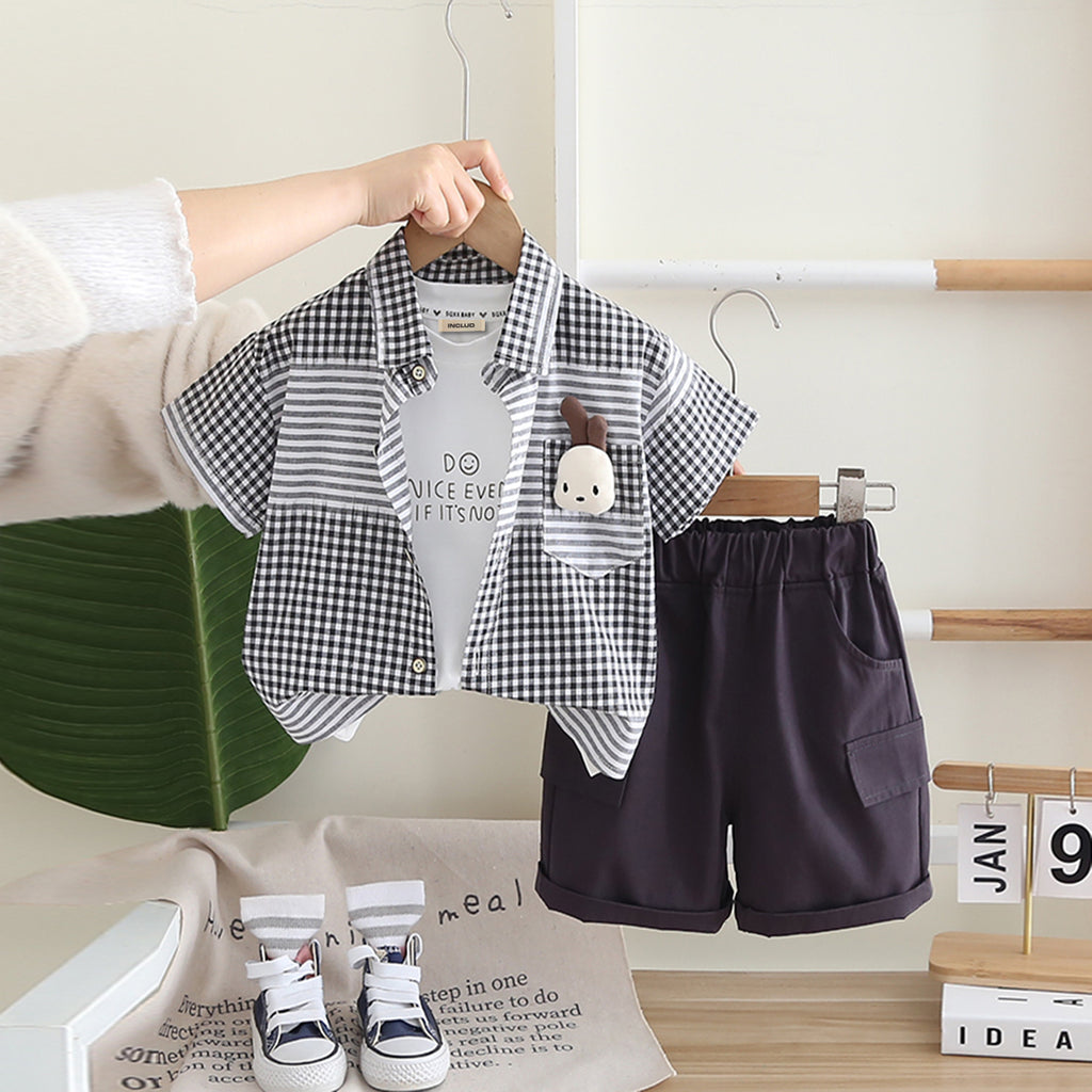 Boys Dark Grey Check Shirt With T-Shirt And Shorts Set Sets Dark Grey 1-2 Y