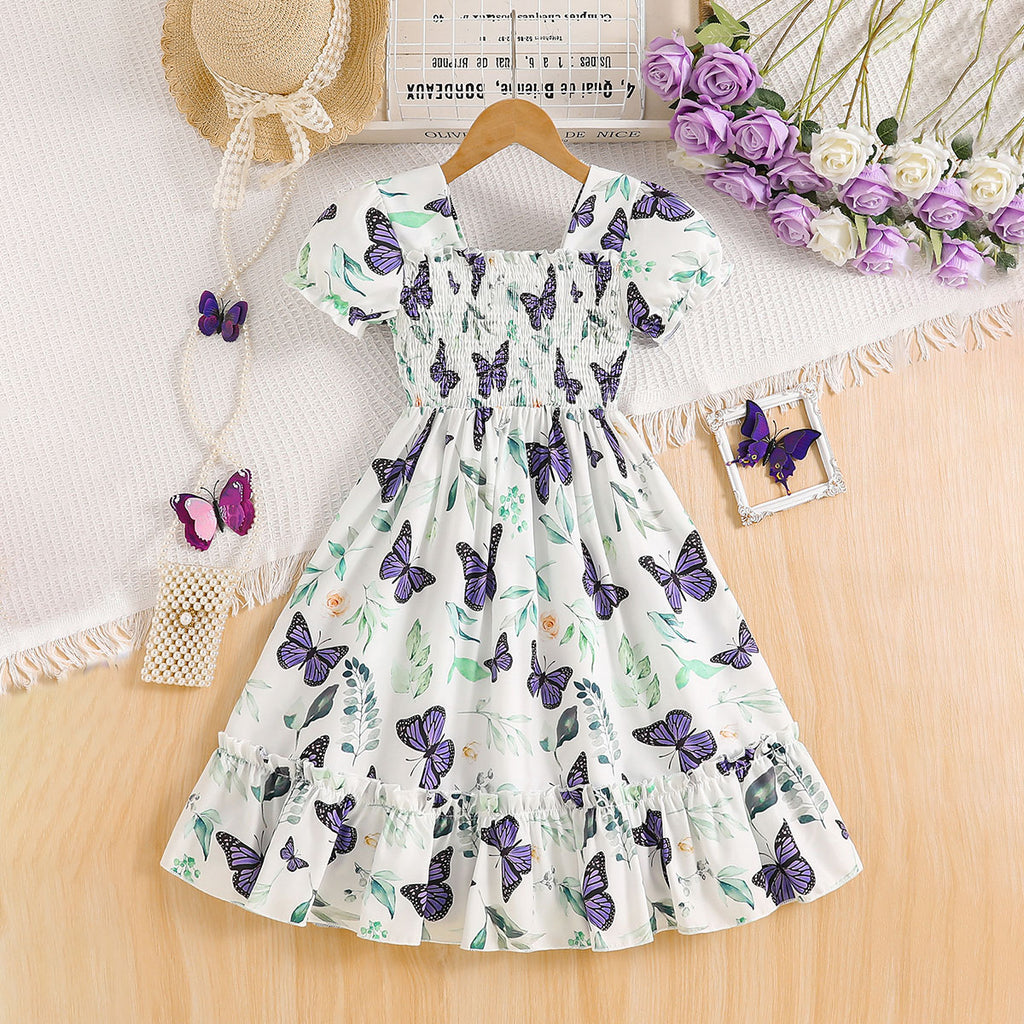 Girls White Butterfly Print Smocked Casual Midi Dress Casual Dresses White 3-4 Y