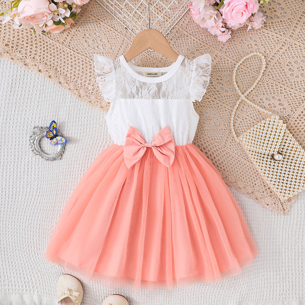 Girls Peach Flutter Sleeves Round Neck Fit And Flared Dress Casual Dresses Peach 2-3 Y