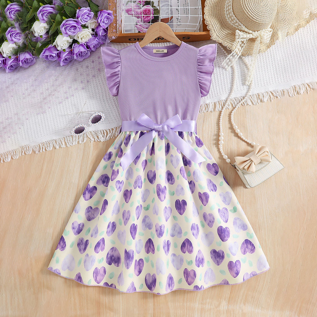 Girls Light Purple Heart Printed Flutter Sleeves Fit And Flared Midi Dress Casual Dresses Purple 3-4 Y