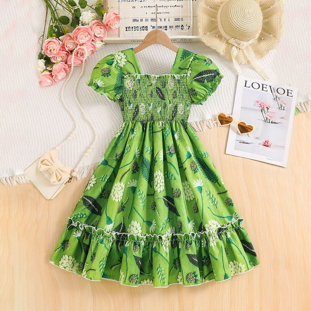 Girls Green Floral Print Smocked Casual Midi Dress Casual Dresses Green 3-4 Y