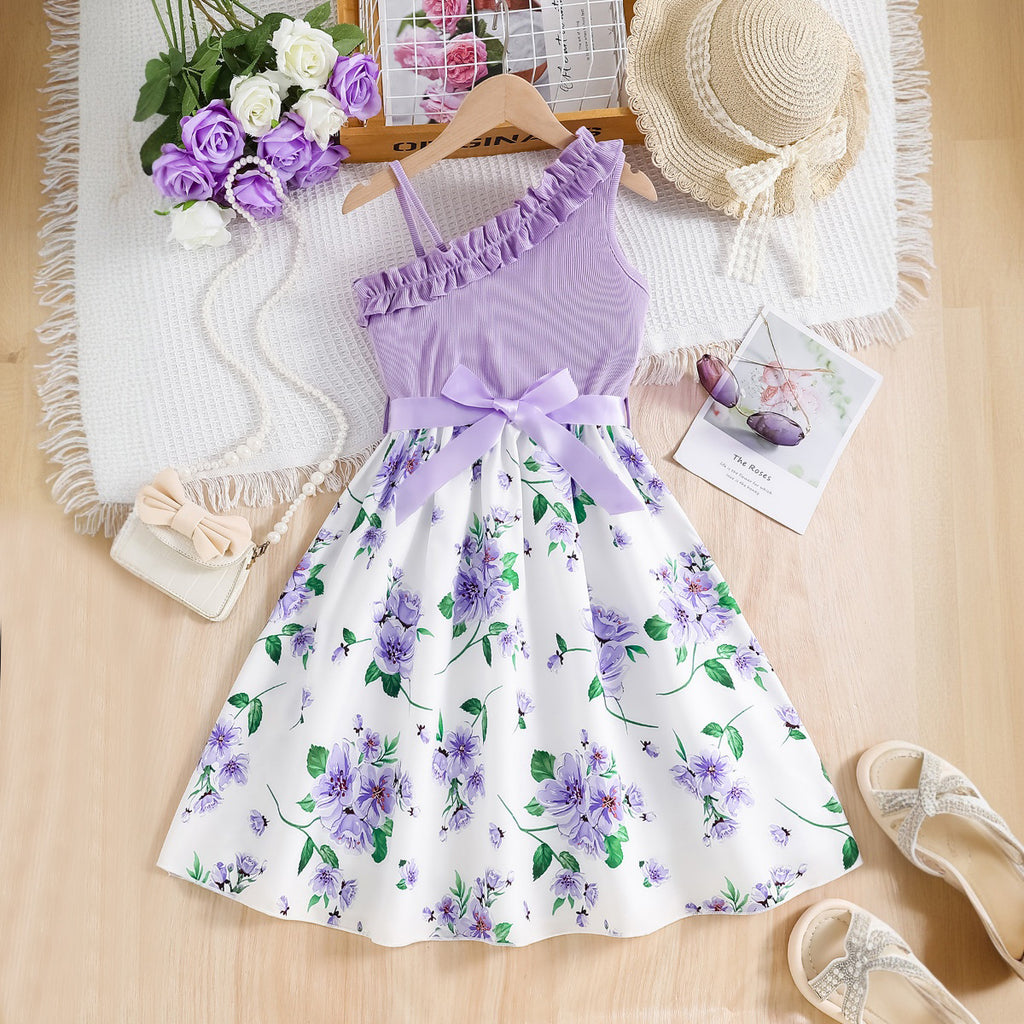 Girls Purple Floral Printed One Shoulder Fit And Flared Dress Casual Dresses Purple 3-4 Y