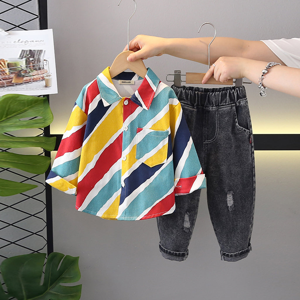 Boys Multicolor Diagonal Stripes Shirt With Denim Pants Set 2 pc. Sets Multicolor 1-2 Y