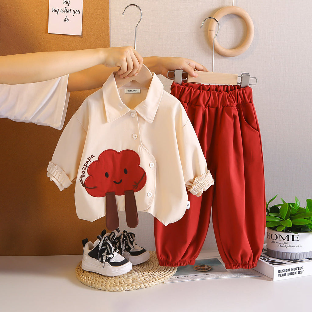 Girls Embroidered Long Sleeves Shirt With Red joggers Set 2 pc. Sets Red 1-2 Y