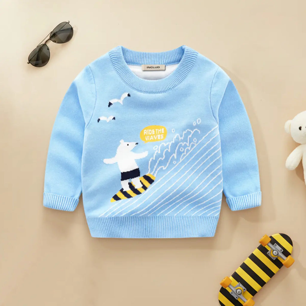 Boys Light Blue Self-Design Surfing Bear Pattern Knitted Sweater Sweaters & Cardigans Light Blue 1-2 Y