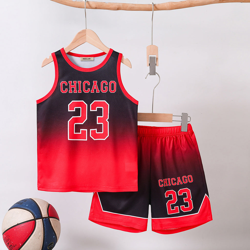 Boys Red Chicago Print Sleeveless T-Shirt With Shorts Set 2 pc. Sets Red 5-6 Y