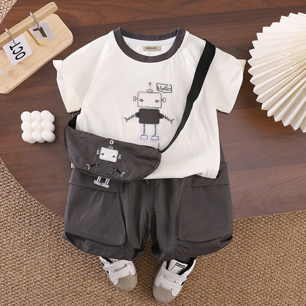 Boys Graphic Printed T-Shirt With Dark Grey Sling Bag And Cargo Shorts Set Sets Dark Grey 1-2 Y
