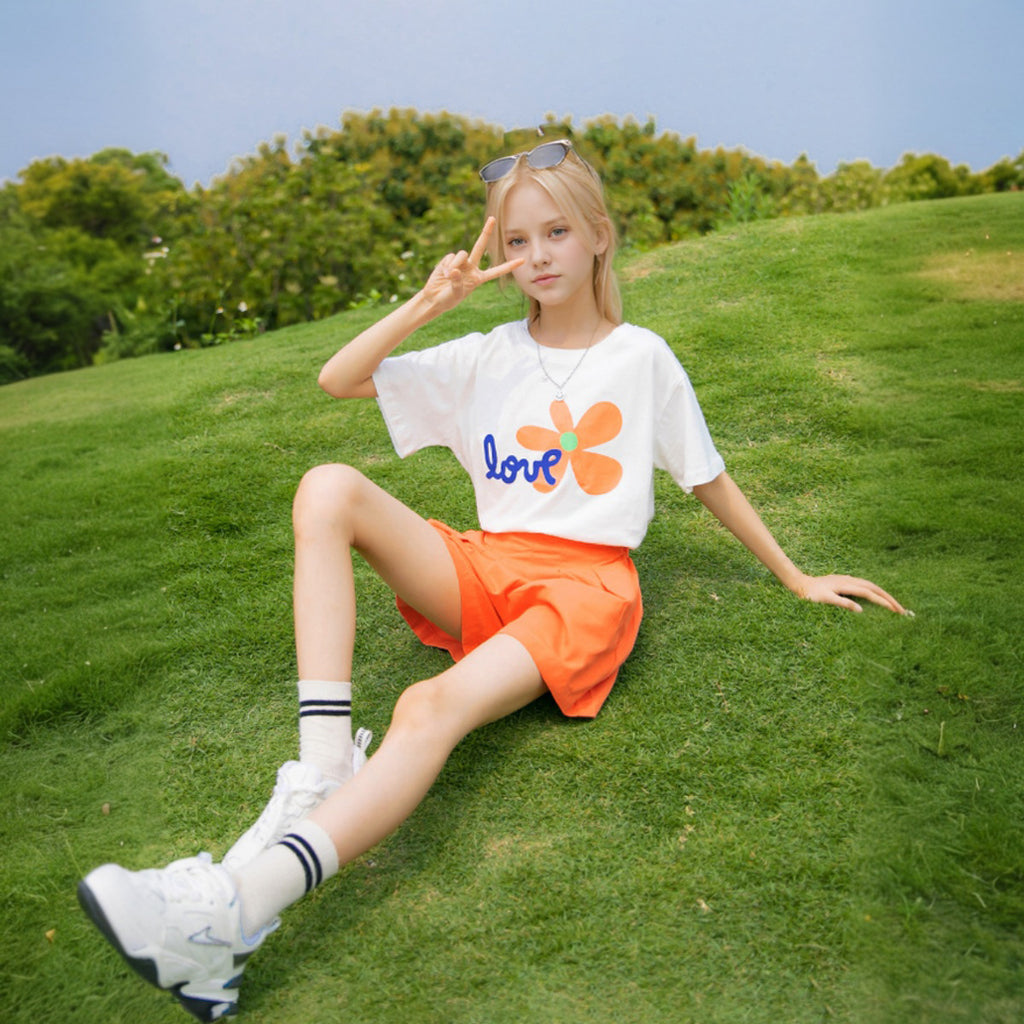 Girls Orange Flower Printed Summer T-Shirt With Shorts Set 2 pc. Sets Orange 5-6 Y