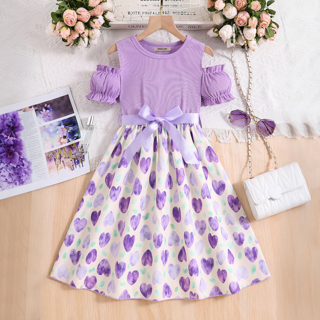 Girls Purple Heart Printed Cold Shoulder Fit And Flared Dress Casual Dresses