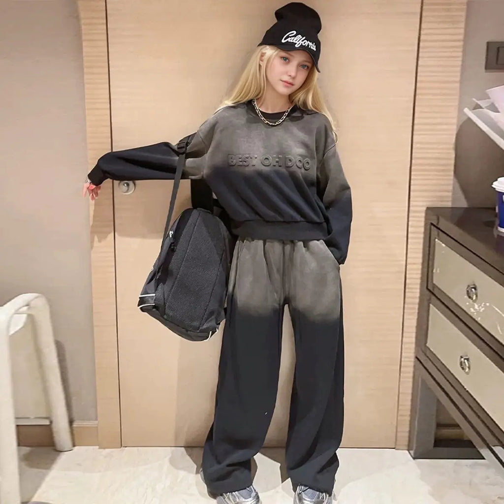 Girls Black Ombre Printed Sweatshirt With Pants Winter Co-ord sets 2 pc. Sets Black 5-6 Y